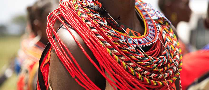 Beaded jewelry on a woman in Kenya