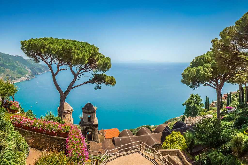Villa Rufolo’s gardens in Ravello with view of Amalfi Coast, Italy