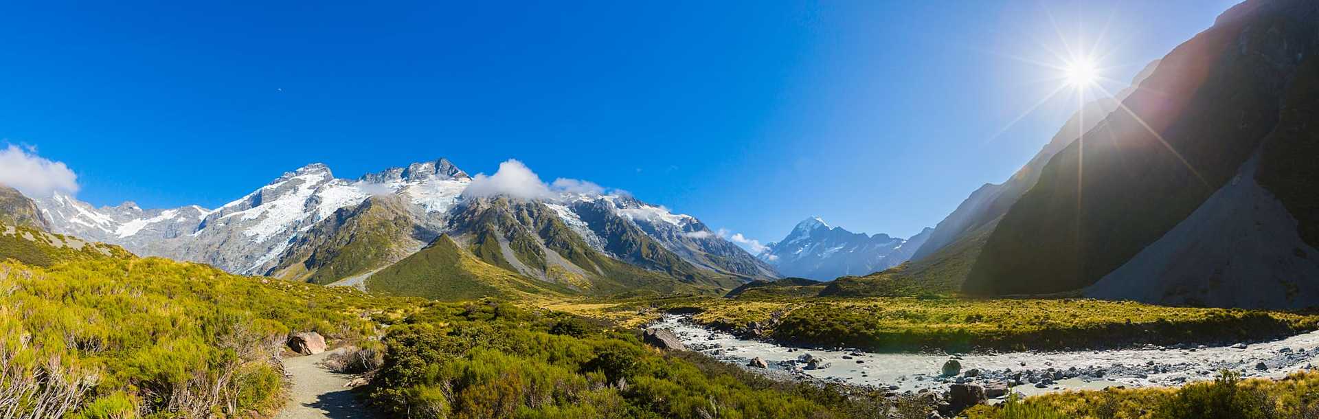 Panorama of Aoraki Mount Cook National Park, New Zealand