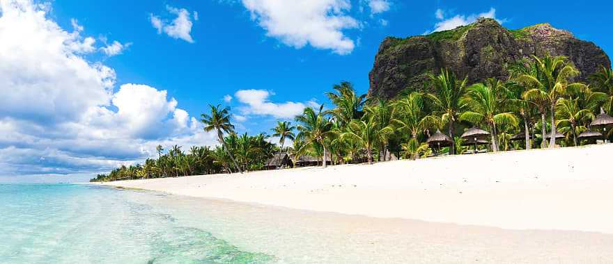 Beautiful view of the resort on le morne peninusala Mauritius with clear ocean, white sand, palms and blue sky on the 