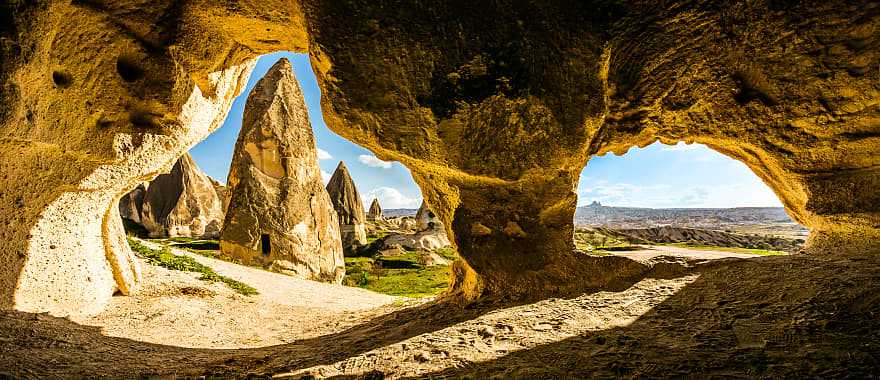 Carved cave in Rose Red Valley in Cappadocia, Turkey