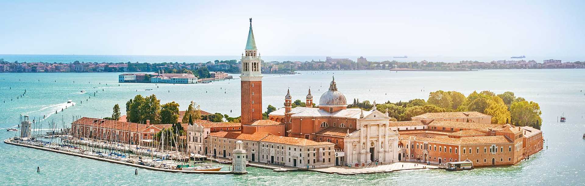 Aerial view of San Giorgio Maggiore island in Venice, Italy.