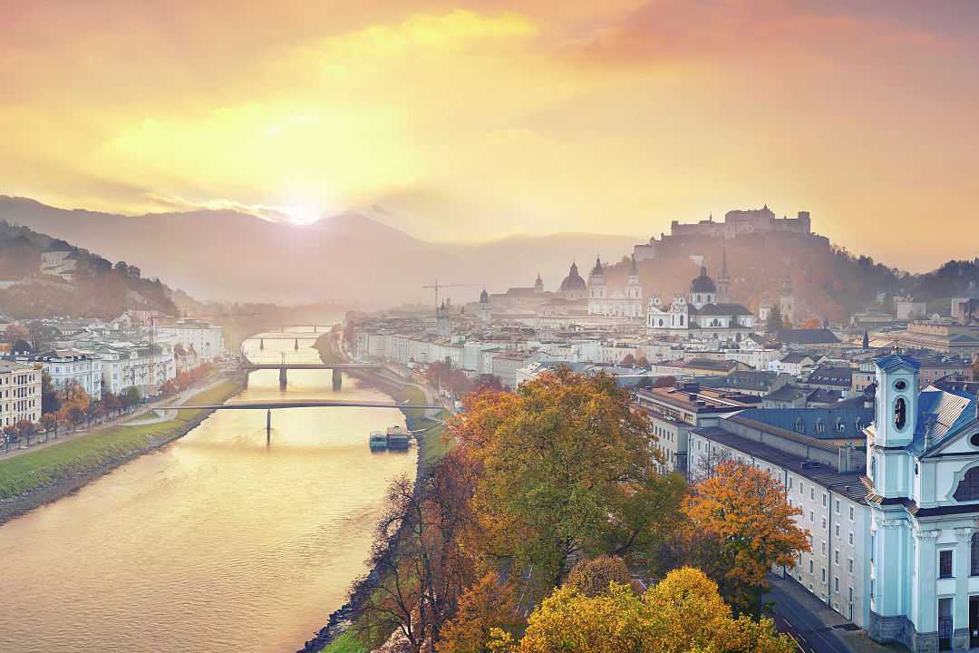 An aerial view of Salzburg at sunset 