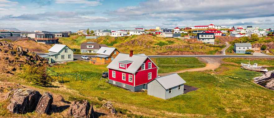 Sunny summer cityscape of small fishing town, Stykkisholmur in Iceland