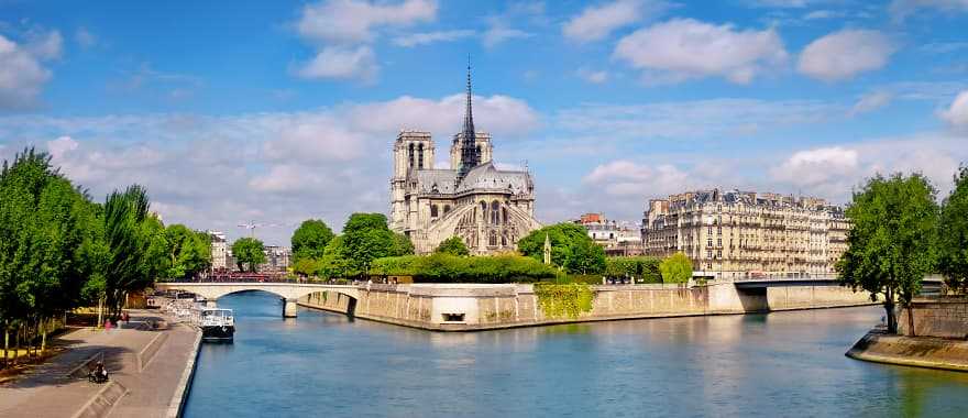 Notre Dame Cathedral on the Seine River in Paris.