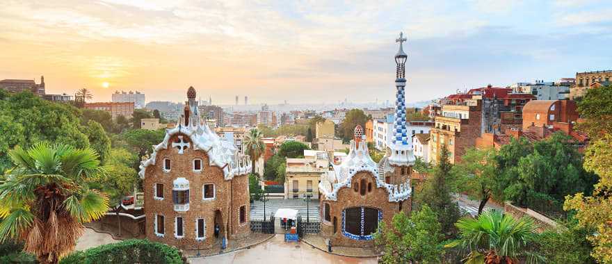 Park Guell with architectural elements designed by Gaudi in Barcelona, Spain