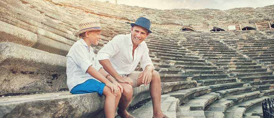 Father and son at Hierapolis ruins in Pamukkale, Turkey