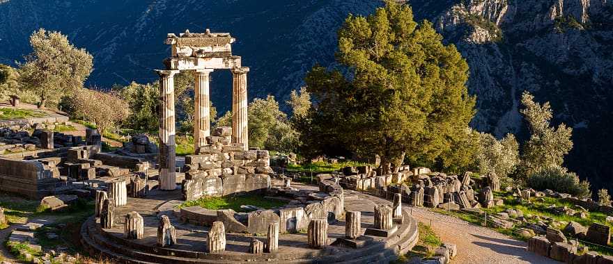 View of temple ruins in the morning in Delphi, Greece.