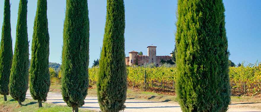 Gabbiano Castle with vineyards and cypress trees in Tuscany, Italy