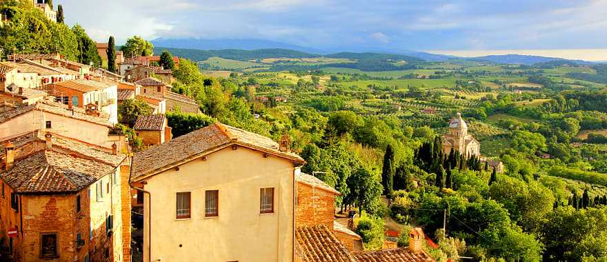 The hilltop town of Montepulciano surrounded by vineyards in Tuscany, Italy