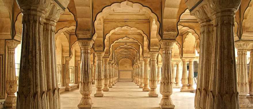 Columns and arches of Amber Fort in Jaipur, India