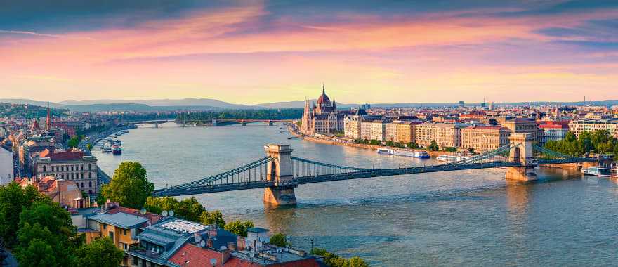 Sunset view of the parliament building and Danube River in Budapest, Hungary.
