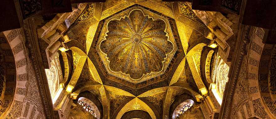 Golden interior dome of the mosque of Cordoba in Spain