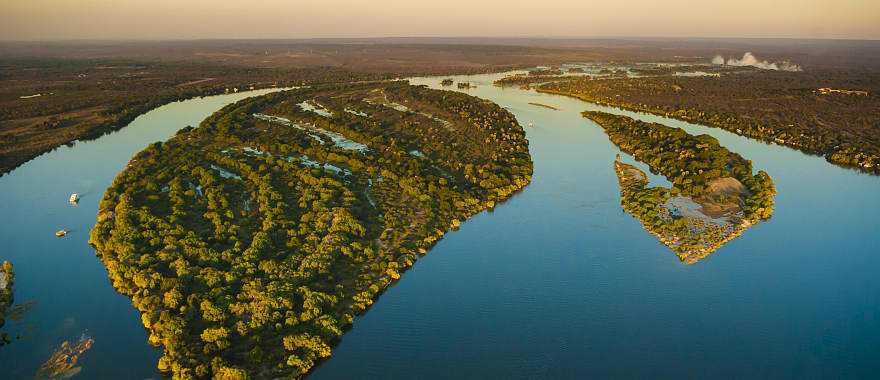 Zambezi River and Victoria Falls from the air in Zambia