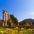 View of temple ruins in in the morning in Delphi, Greece 