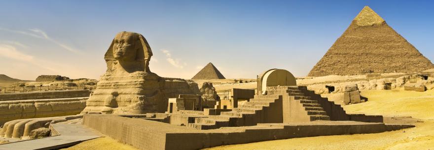 A view of the sphinx and the Great Pyramids.