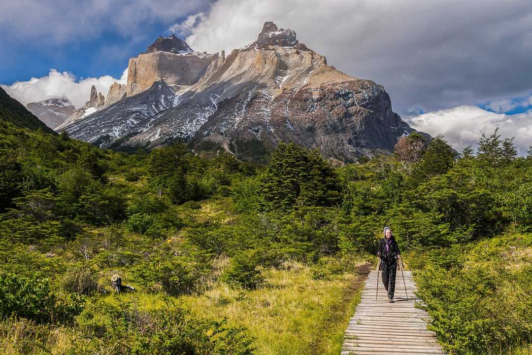Woman hiking in Torres del Paine National Park, Chile