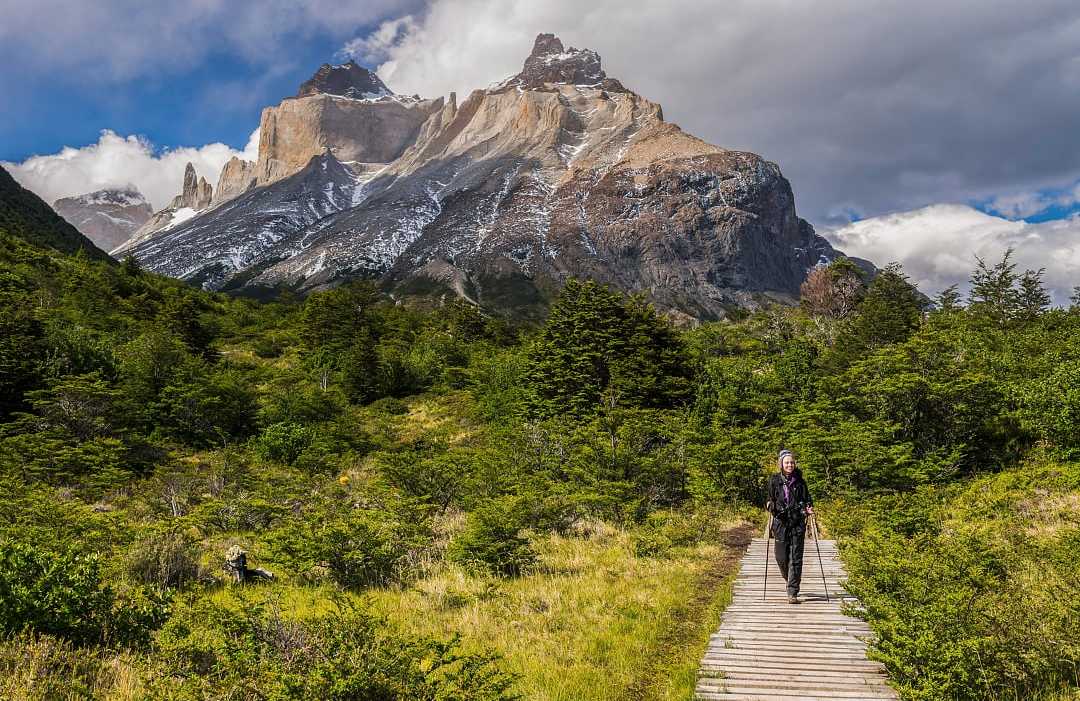 Woman hiking in Torres del Paine National Park, Chile