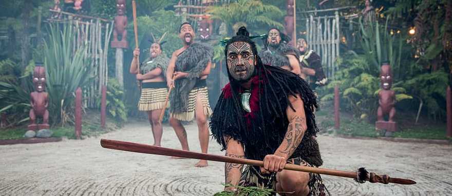 Maori Haka performers at Tamaki Mairi Village. Photo courtesy Tamaki Maori Village and Destination Rotorua Maori Haka performers at Tamaki Maori Village