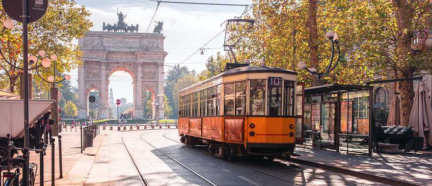 Tram with Arco della Pace in the background, Milan, Italy