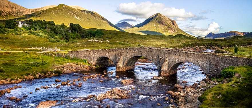 Old brick bridge over the river at Sligachan, Isle of Skye, Scotland, UK