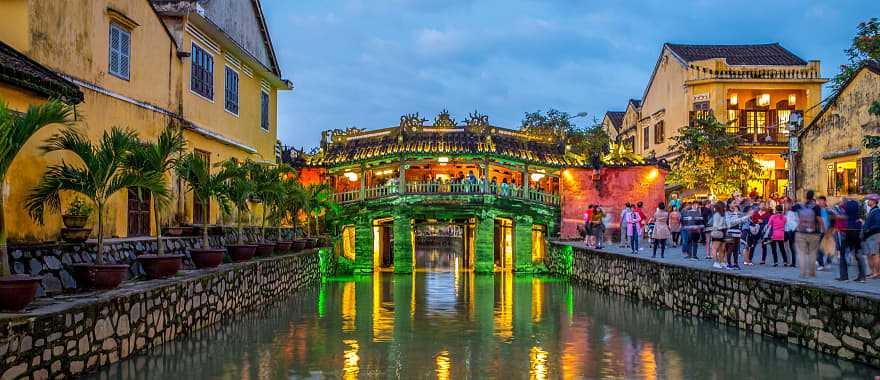 Covered bridge at night in Hoi An, Vietnam.