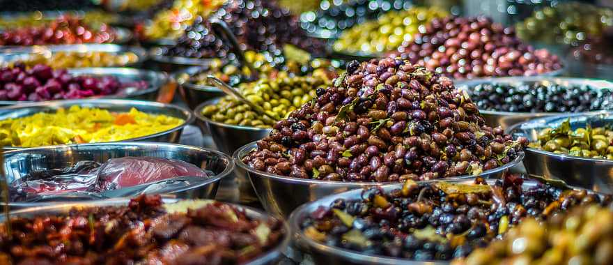 Olives for sale at Sarona Market in Tel-Aviv, Israel