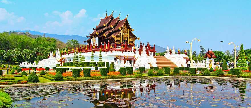 Royal Park Rajapruek gardens and pavillion in Chiang Mai, Thailand.