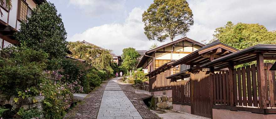 Walking through old town of Magome along the Nakasendo Trail in Japan