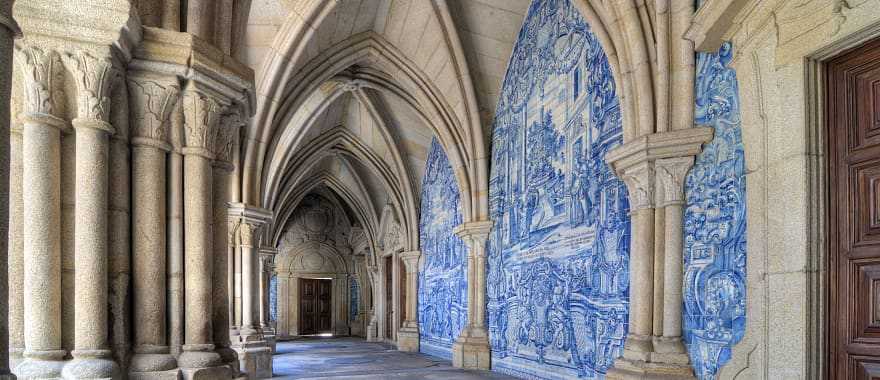 Cloisters at Porto Cathedral with azulejo tiles in Portugal