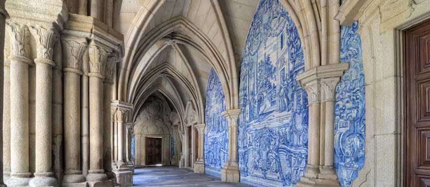 Cloisters at Porto Cathedral with azulejo tiles in Portugal