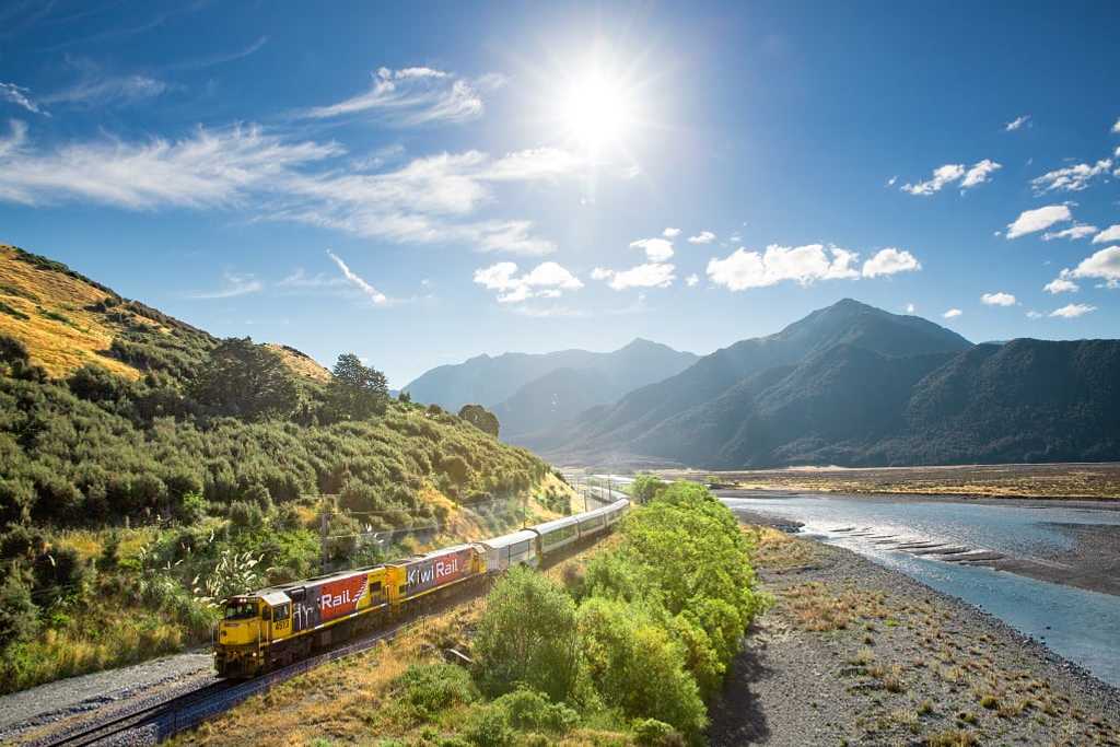 TranzAlpine along Waimakariri River in New Zealand.  Photo courtesy KiwiRail