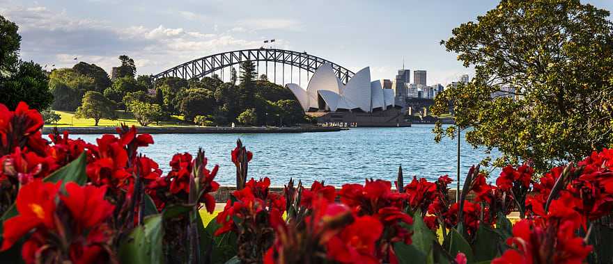 Sydney Harbor and Opera House from the Botanic Gardens in Sydney, Australia.