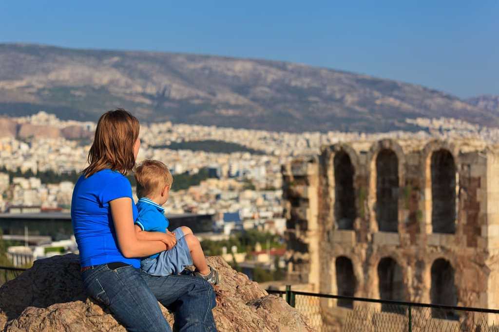 Mother and son at the Acropolis in Athens, Greece
