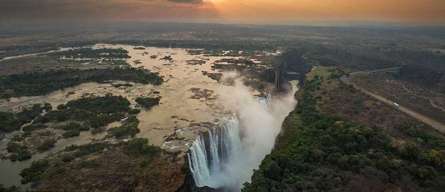 Aerial view of the Victoria Falls at sunrise 
