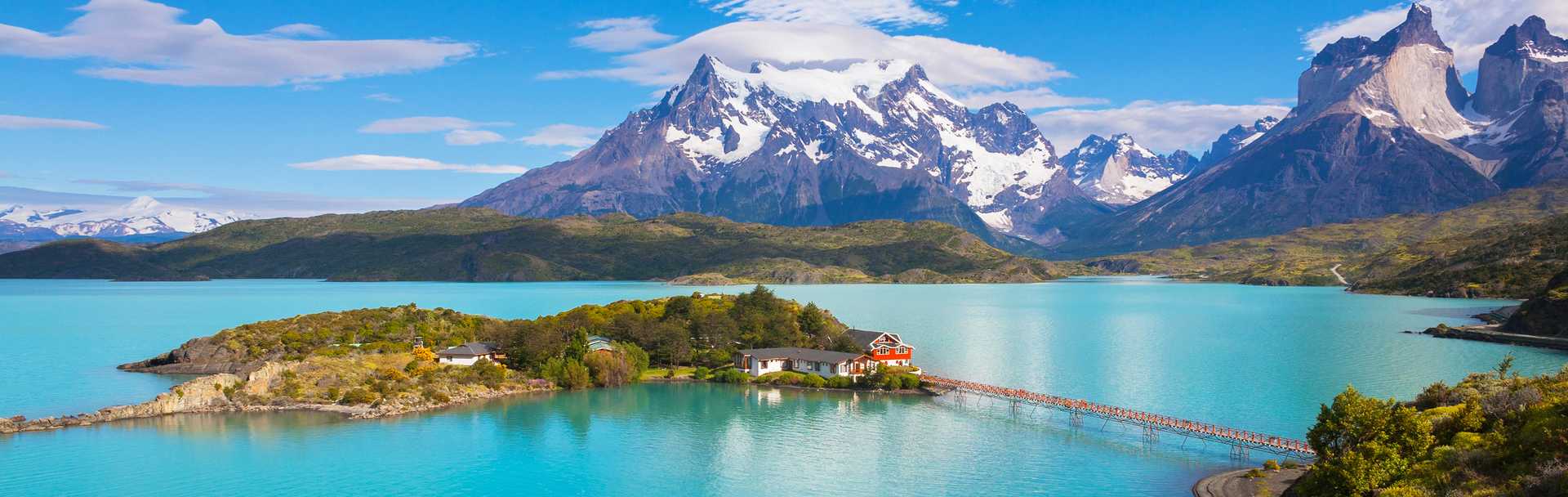 Bird's-eye view of Pehoe Lake with mountains in the background in Patagonia.