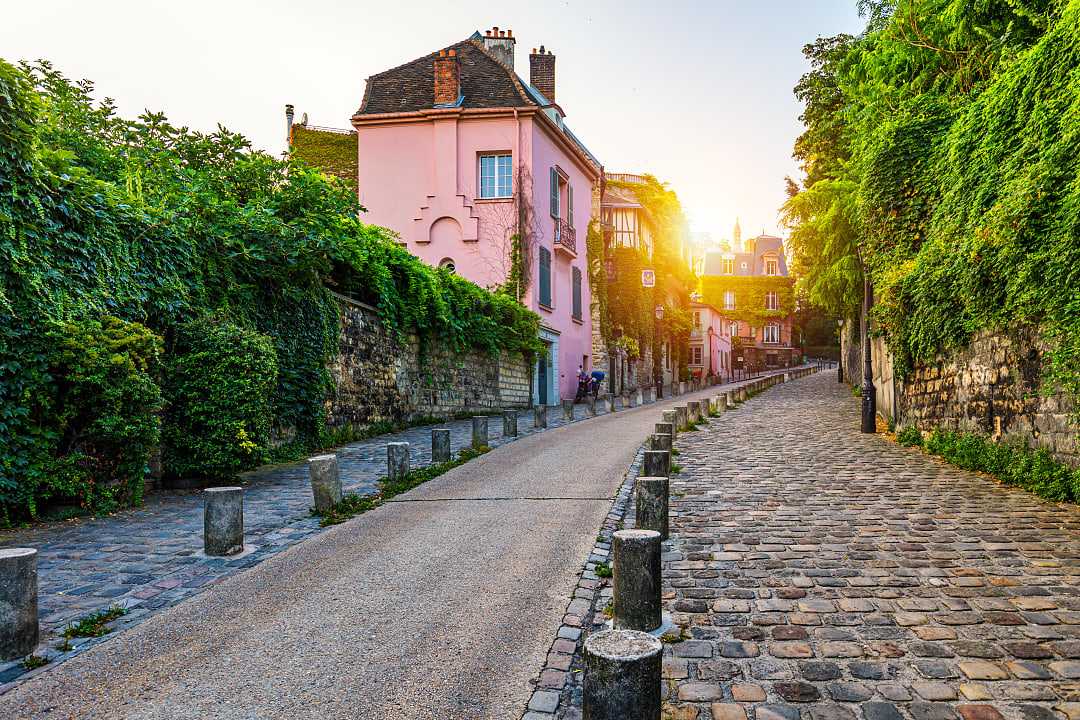Cobblestone sidewalks in Montmartre in Paris, France