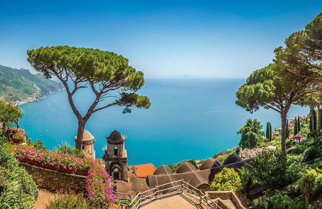 Villa Rufolo Gardens in Ravello, Italy Villa Rufolo’s gardens in Ravello with view of Amalfi Coast, Italy