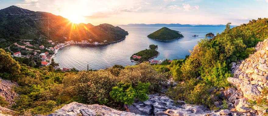 Sunset behind Prozurska Luka on the island Mljet in Croatia