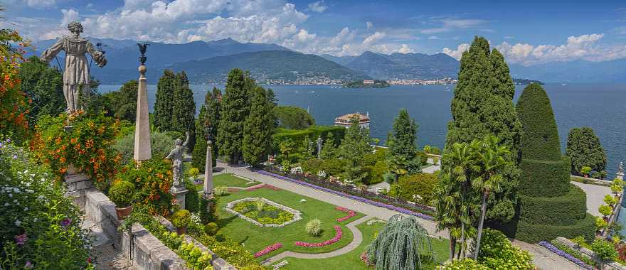 Garden and statues on Isola Bella overlooking Lake Maggiore.
