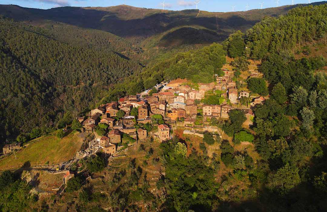 Talasnal, Portugal Aerial view of a historic schist village in the mountains of central Portugal