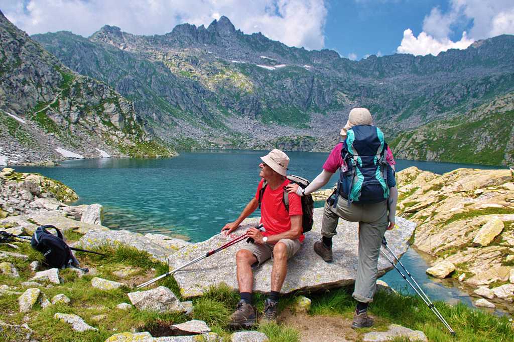 Senior couple hiking the Brenta Dolomites Trentino, Italy