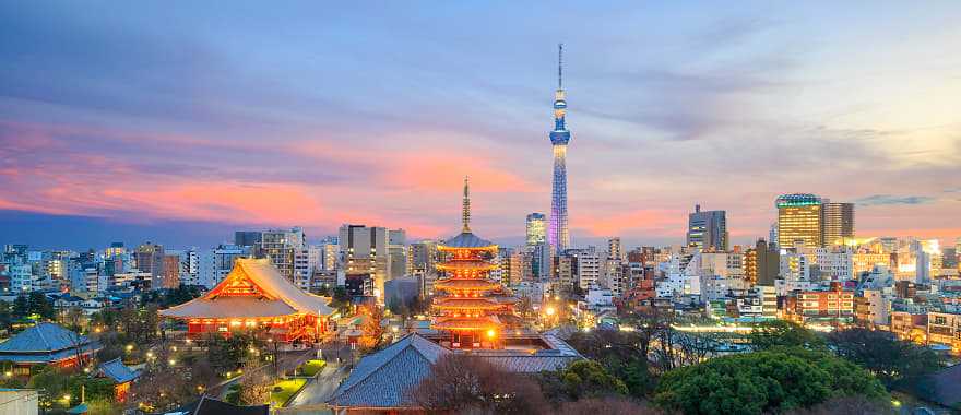Tokyo skyline with Senso-ji temple and Tokyo Skytree at twilight in japan.