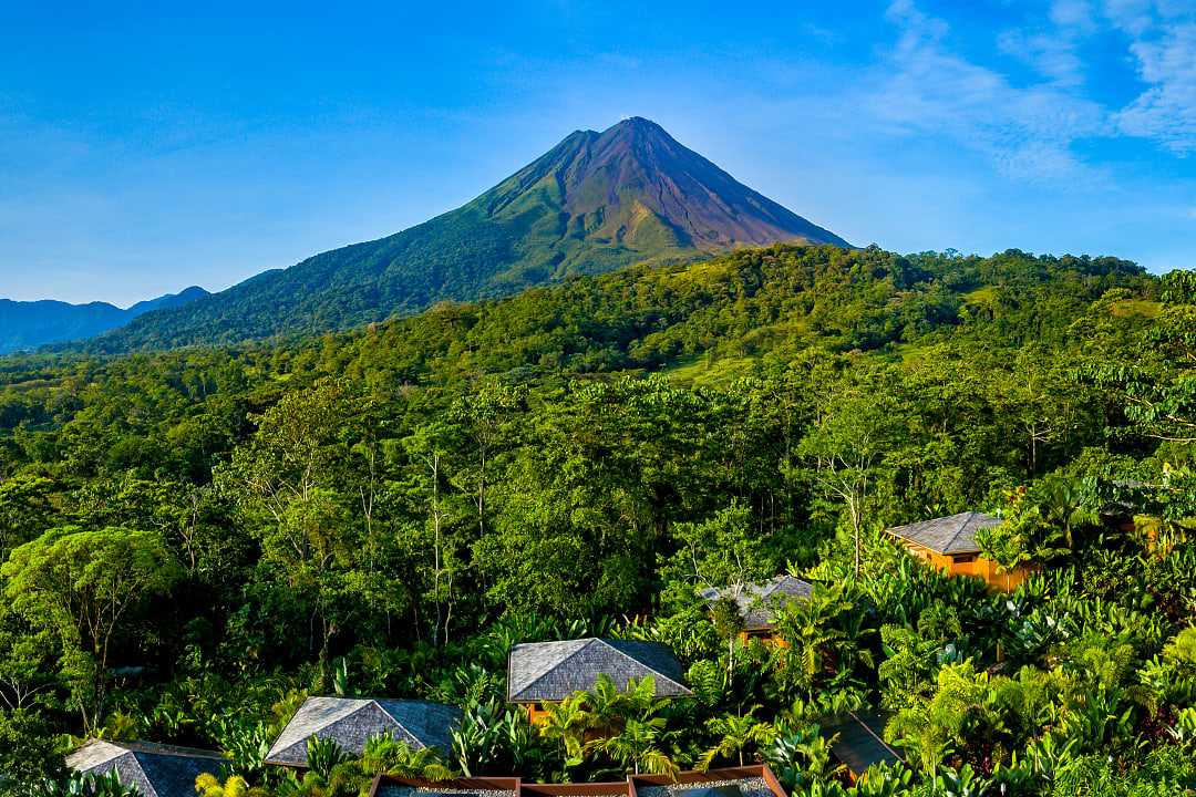 Panoramic view of Arenal Volcano and Nayara Resort in Costa Rica