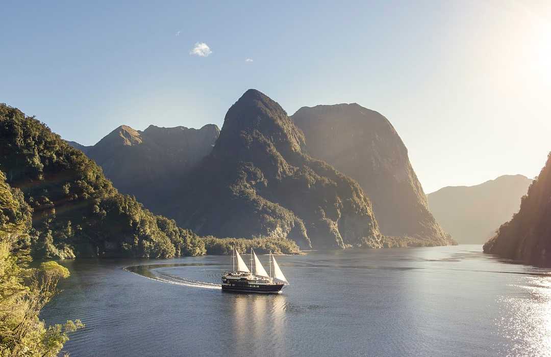 Sailing vessel cruises through tranquil fjord beneath towering forested peaks.