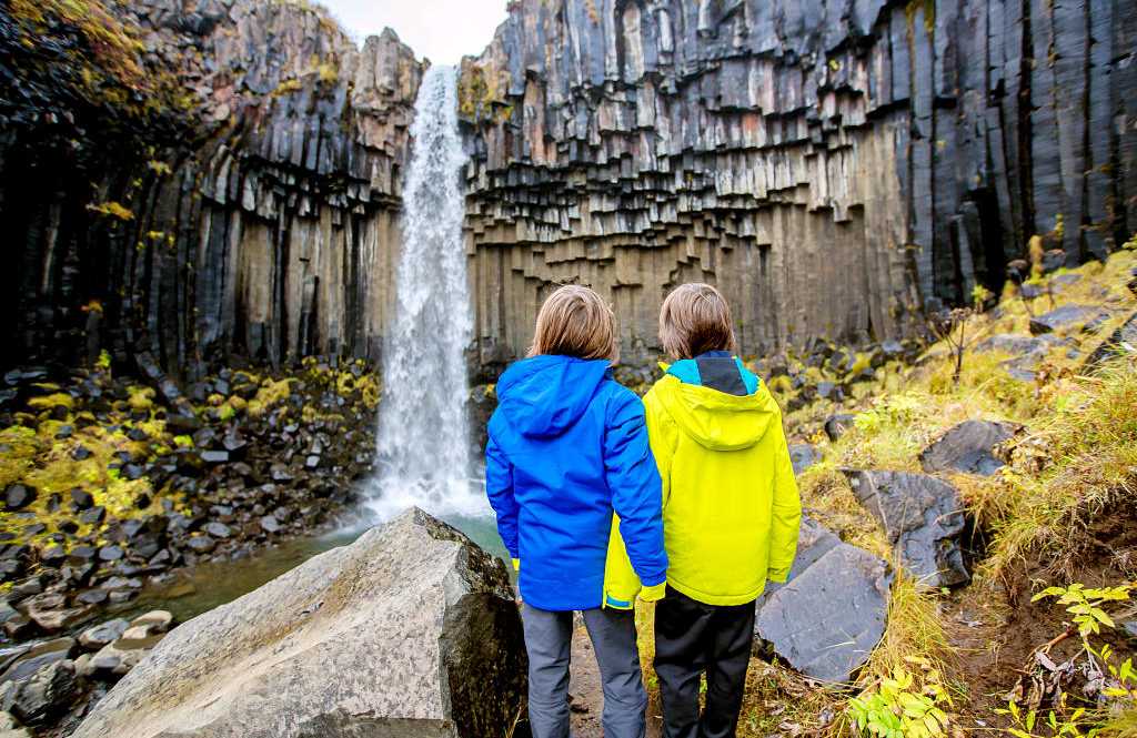 Svartifoss in Vatnajökull National Park, Iceland Young siblings at Svartifoss waterfall in Iceland