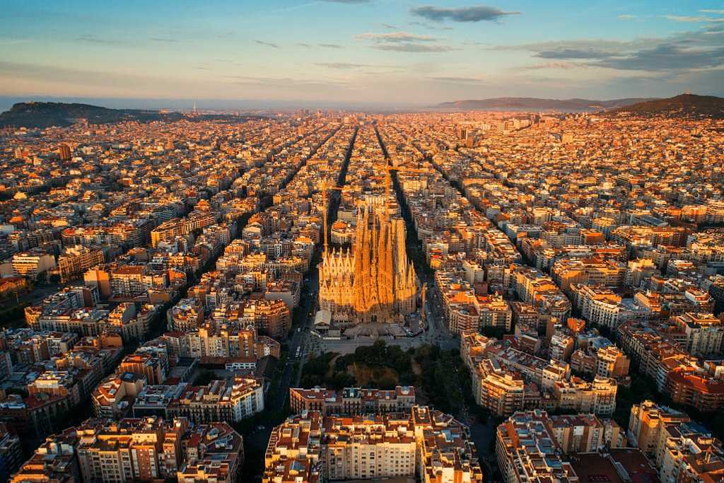 Sagrada Familia basilica aerial view in Barcelona, Spain