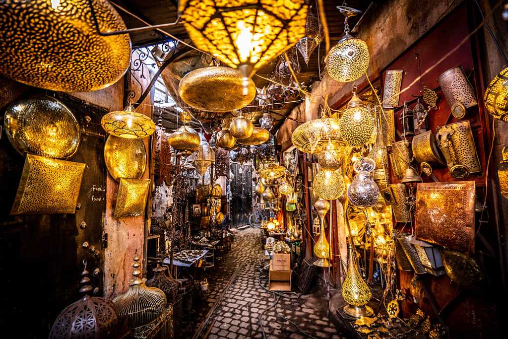 Traditional Moroccan lamps, market in Djemaa el-Fna square