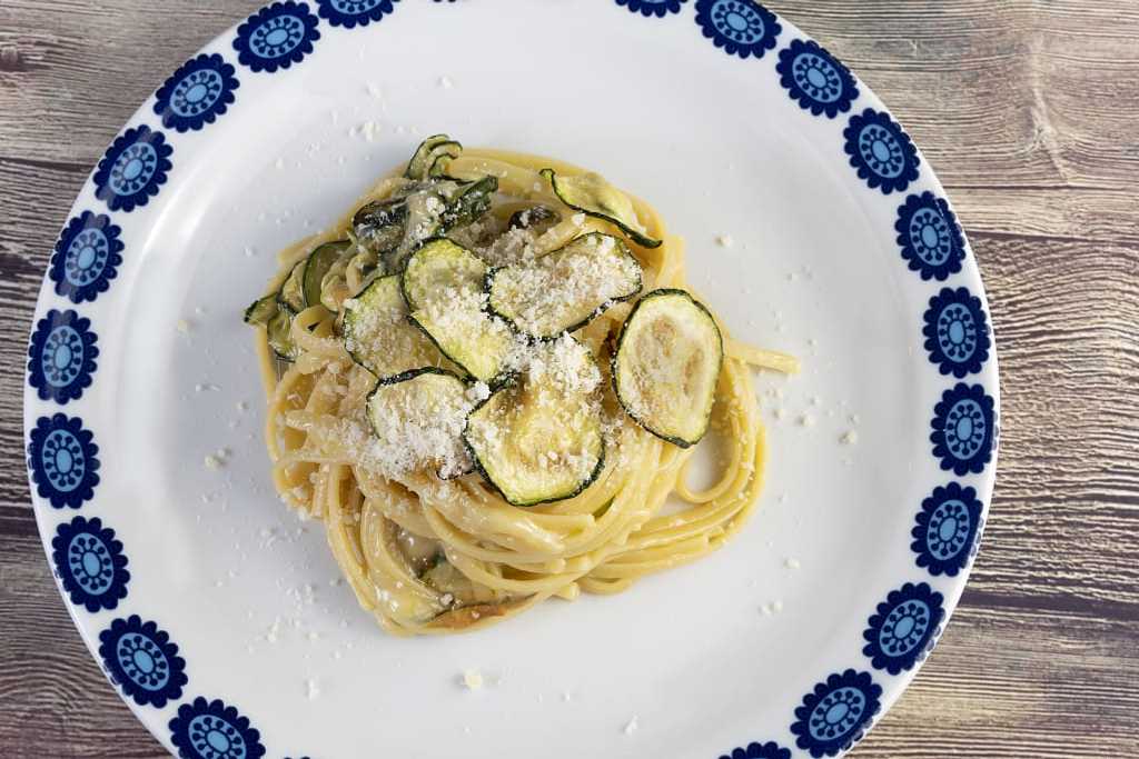 Spaghetti alla Nerano, made with fried zucchini and provolone del monaco DOP