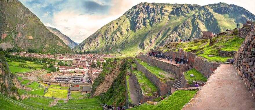 Old Inca fortress in the Sacred Valley in the Andes mountains of Cusco, Peru.